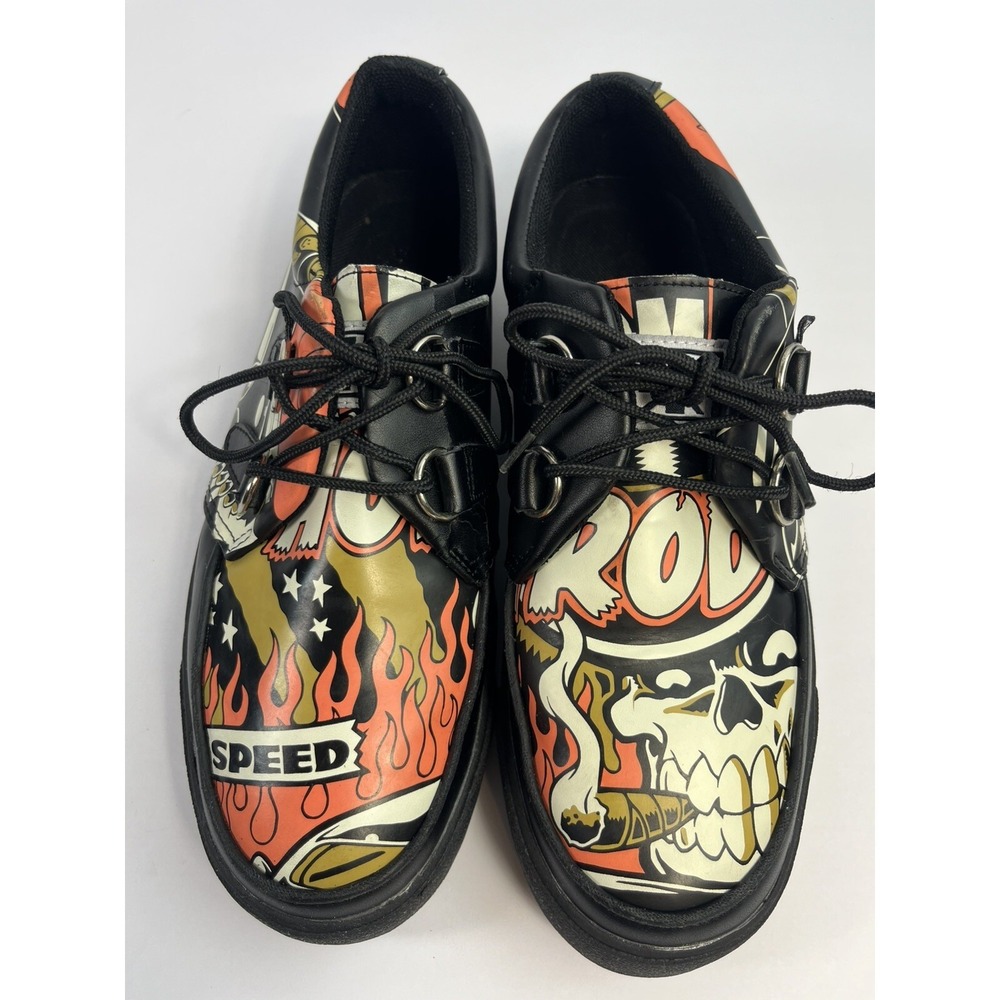 RARE TUK Hot Rod Black Leather Low Creeper Shoes Unisex Mens Size 7 Skull A7842